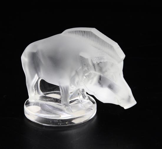 Sanglier/Wild Boar. A glass mascot by René Lalique, introduced on 3/10/1929, No.11802, height 6.5cm.